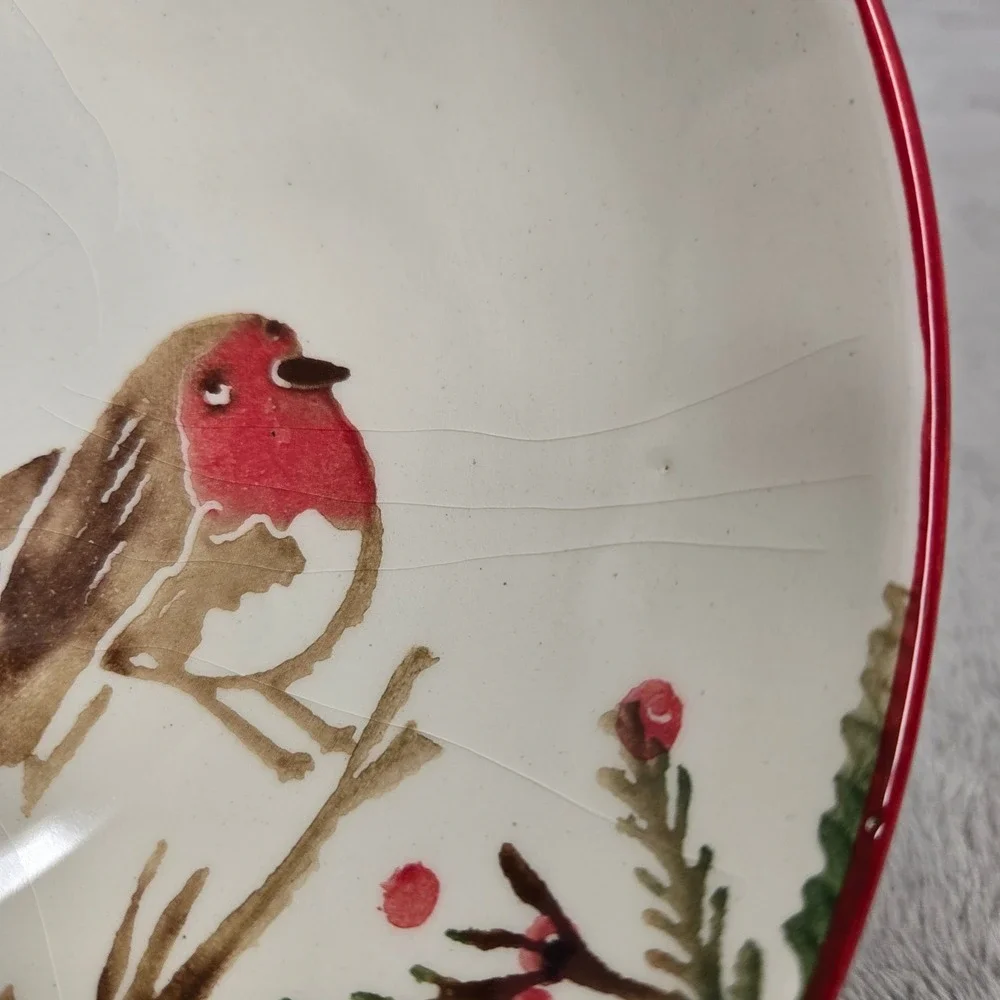 Papart Seramik Handpainted Turkey Robin Bird Winter Berry Ceramic Bowl 9.5
